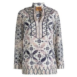 Tory Burch Cream Graphic Tunic with 3/4 Sleeves and Mandarin Collar